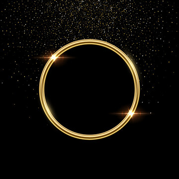 Gold ring with golden abstract glittering on black background vector illustration. 3D realistic glossy circle frame and luxury shiny glitter texture over border, round metal circular decor