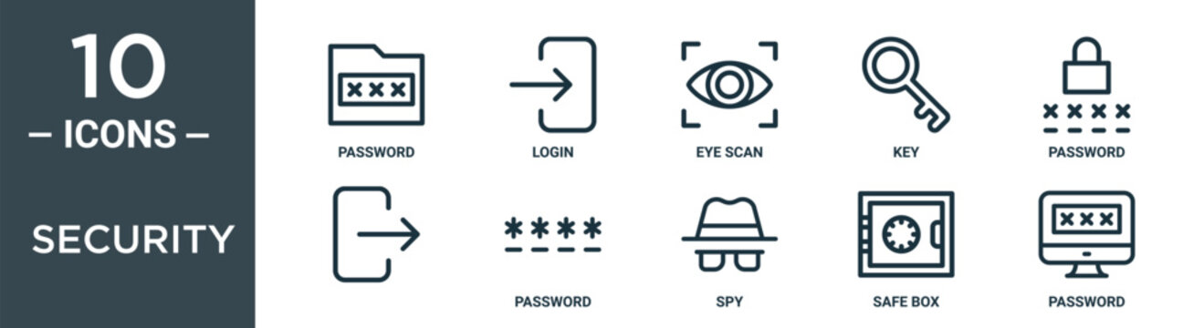 security outline icon set includes thin line password, login, eye scan, key, password, , password icons for report, presentation, diagram, web design