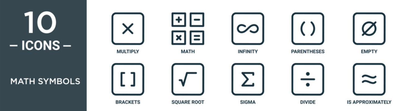 math symbols outline icon set includes thin line multiply, math, infinity, parentheses, empty, brackets, square root icons for report, presentation, diagram, web design