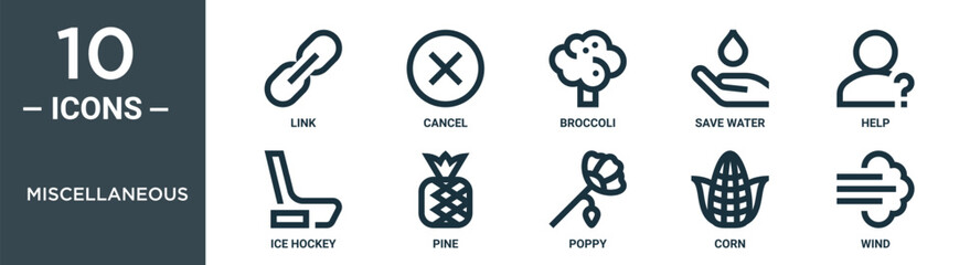 miscellaneous outline icon set includes thin line link, cancel, broccoli, save water, help, ice hockey, pine icons for report, presentation, diagram, web design