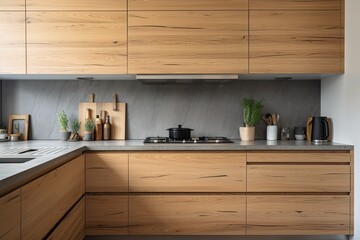 Banner on the minimalist kitchen's wooden cabinet doors in the panoramic area. With a stove and sink, the grey granite niche. a notion for a contemporary home design. Generative AI