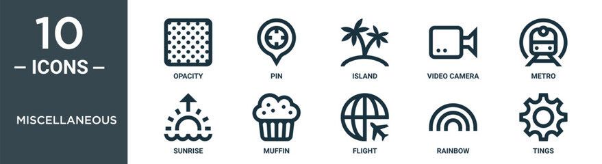 miscellaneous outline icon set includes thin line opacity, pin, island, video camera, metro, sunrise, muffin icons for report, presentation, diagram, web design