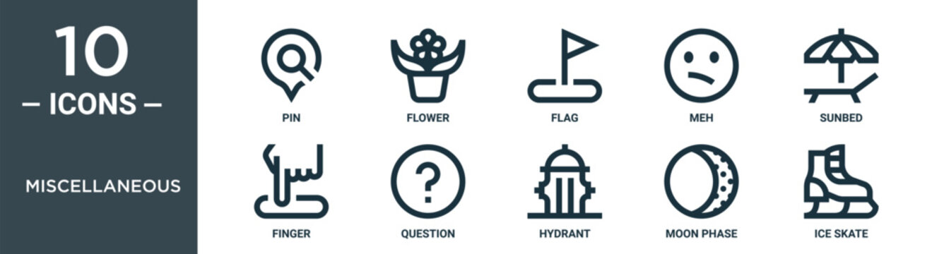 miscellaneous outline icon set includes thin line pin, flower, flag, meh, sunbed, finger, question icons for report, presentation, diagram, web design