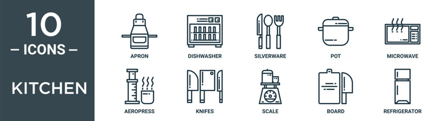 kitchen outline icon set includes thin line apron, dishwasher, silverware, pot, microwave, aeropress, knifes icons for report, presentation, diagram, web design