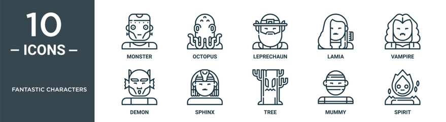 fantastic characters outline icon set includes thin line monster, octopus, leprechaun, lamia, vampire, demon, sphinx icons for report, presentation, diagram, web design