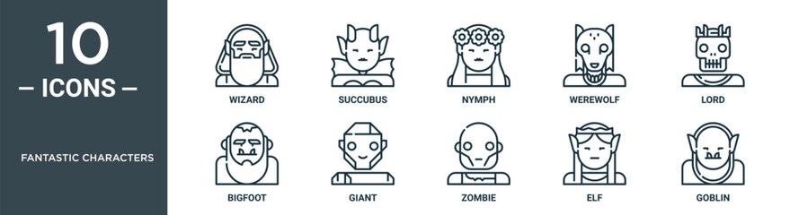 fantastic characters outline icon set includes thin line wizard, succubus, nymph, werewolf, lord, bigfoot, giant icons for report, presentation, diagram, web design