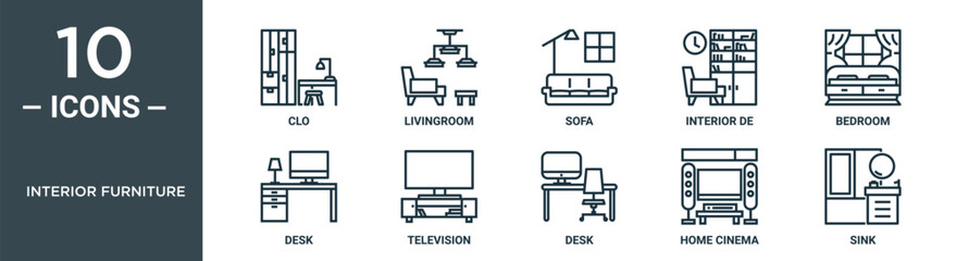 interior furniture outline icon set includes thin line clo, livingroom, sofa, interior de, bedroom, desk, television icons for report, presentation, diagram, web design