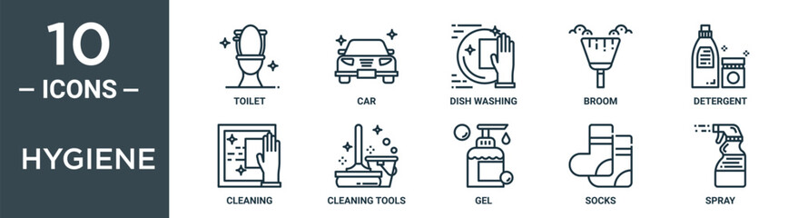 hygiene outline icon set includes thin line toilet, car, dish washing, broom, detergent, cleaning, cleaning tools icons for report, presentation, diagram, web design