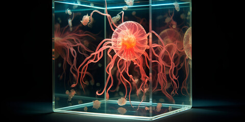 Box jellyfish, jellyfish close in the glass box, generative Ai