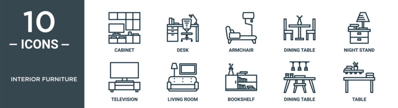 interior furniture outline icon set includes thin line cabinet, desk, armchair, dining table, night stand, television, living room icons for report, presentation, diagram, web design