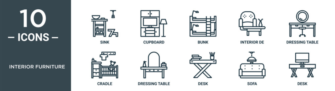 interior furniture outline icon set includes thin line sink, cupboard, bunk, interior de, dressing table, cradle, dressing table icons for report, presentation, diagram, web design