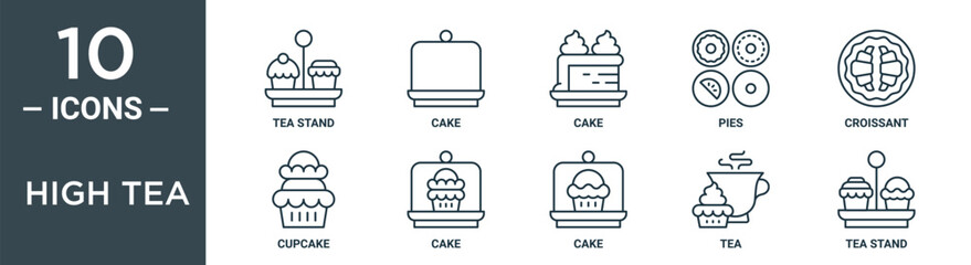 high tea outline icon set includes thin line tea stand, cake, cake, pies, croissant, cupcake, cake icons for report, presentation, diagram, web design