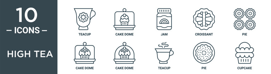 high tea outline icon set includes thin line teacup, cake dome, jam, croissant, pie, cake dome, cake dome icons for report, presentation, diagram, web design