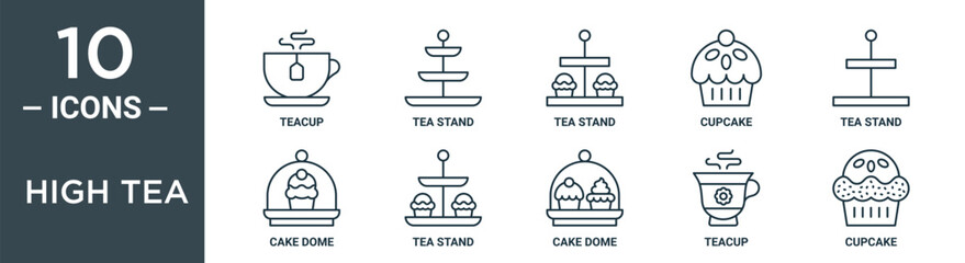 high tea outline icon set includes thin line teacup, tea stand, tea stand, cupcake, stand, cake dome, icons for report, presentation, diagram, web design