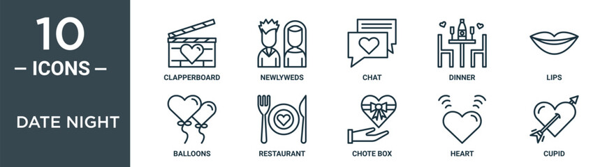 date night outline icon set includes thin line clapperboard, newlyweds, chat, dinner, lips, balloons, restaurant icons for report, presentation, diagram, web design