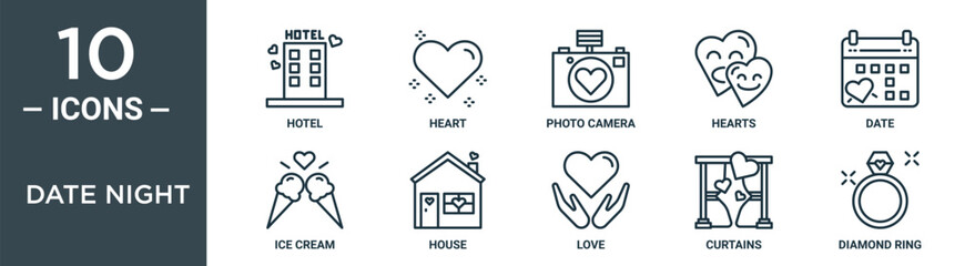 Obraz premium date night outline icon set includes thin line hotel, heart, photo camera, hearts, date, ice cream, house icons for report, presentation, diagram, web design