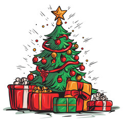 Christmas tree with gifts underneath. Symbolism of the new year.