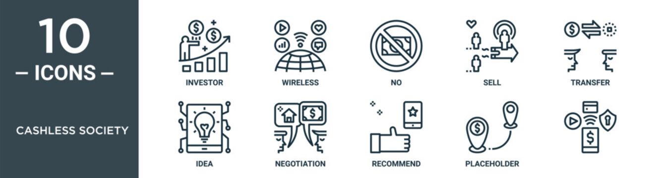 cashless society outline icon set includes thin line investor, wireless, no, sell, transfer, idea, negotiation icons for report, presentation, diagram, web design