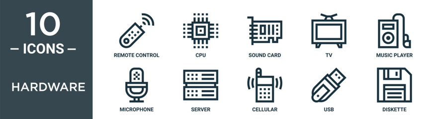 hardware outline icon set includes thin line remote control, cpu, sound card, tv, music player, microphone, server icons for report, presentation, diagram, web design