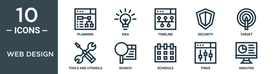 web design outline icon set includes thin line planning, idea, timeline, security, target, tools and utensils, search icons for report, presentation, diagram, web design