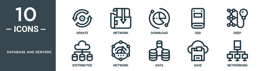 database and servers outline icon set includes thin line update, network, download, ssd, deep, distributed, network icons for report, presentation, diagram, web design