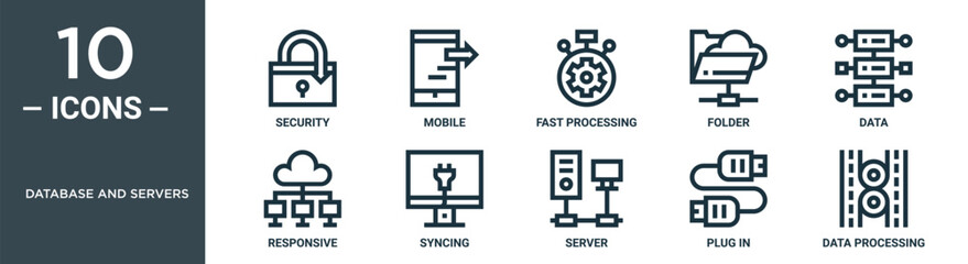 database and servers outline icon set includes thin line security, mobile, fast processing, folder, data, responsive, syncing icons for report, presentation, diagram, web design