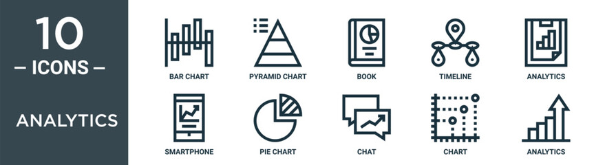 analytics outline icon set includes thin line bar chart, pyramid chart, book, timeline, analytics, smartphone, pie chart icons for report, presentation, diagram, web design