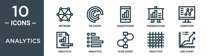 Obraz premium analytics outline icon set includes thin line network, pie chart, smartphone, presentation, computer, analytics, analytics icons for report, presentation, diagram, web design