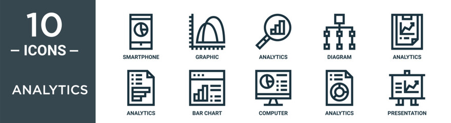 analytics outline icon set includes thin line smartphone, graphic, analytics, diagram, analytics, bar chart icons for report, presentation, diagram, web design