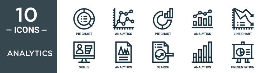 analytics outline icon set includes thin line pie chart, analytics, pie chart, analytics, line chart, skills, icons for report, presentation, diagram, web design