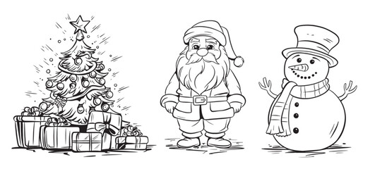Set of New Year elements and characters. Christmas tree with gifts, Santa, snowman.
