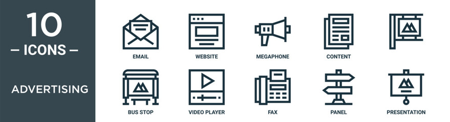 Obraz premium advertising outline icon set includes thin line email, website, megaphone, content, , bus stop, video player icons for report, presentation, diagram, web design