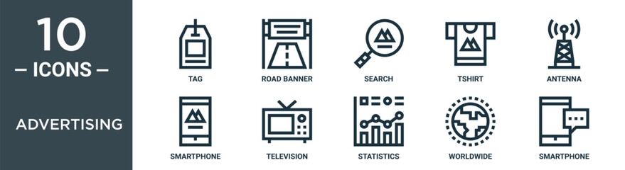advertising outline icon set includes thin line tag, road banner, search, tshirt, antenna, smartphone, television icons for report, presentation, diagram, web design