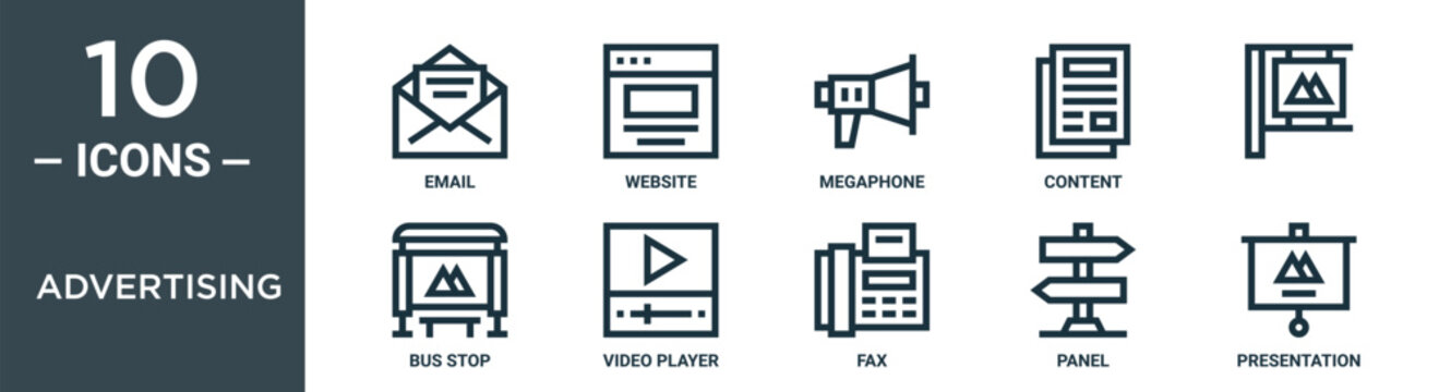 advertising outline icon set includes thin line email, website, megaphone, content, , bus stop, video player icons for report, presentation, diagram, web design