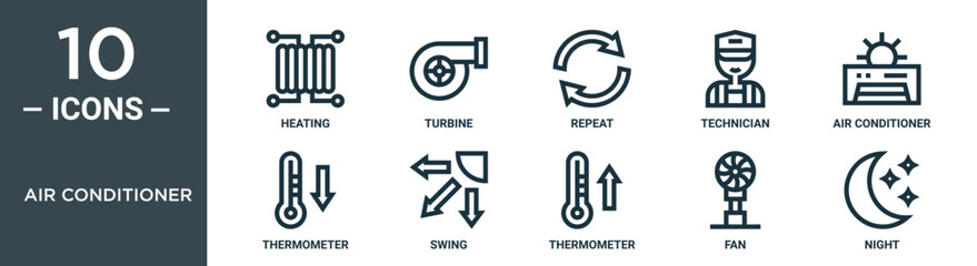 air conditioner outline icon set includes thin line heating, turbine, repeat, technician, air conditioner, thermometer, swing icons for report, presentation, diagram, web design
