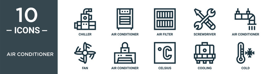 air conditioner outline icon set includes thin line chiller, air conditioner, air filter, screwdriver, conditioner, fan, icons for report, presentation, diagram, web design