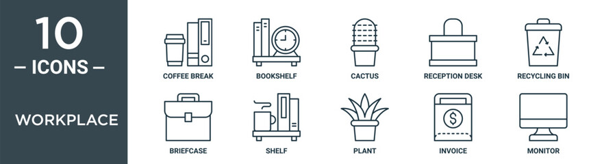 workplace outline icon set includes thin line coffee break, bookshelf, cactus, reception desk, recycling bin, briefcase, shelf icons for report, presentation, diagram, web design