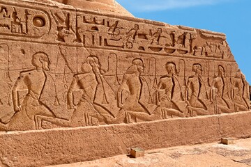 Ancient hieroglyphics at the Great Temple of Pharaoh Ramesses II in Abu Simbel, Egypt	