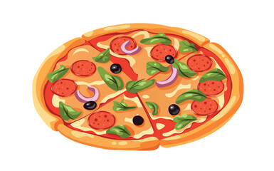 Bright pizza with sausage in cartoon style.