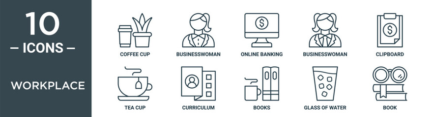 workplace outline icon set includes thin line coffee cup, businesswoman, online banking, businesswoman, clipboard, tea cup, curriculum icons for report, presentation, diagram, web design