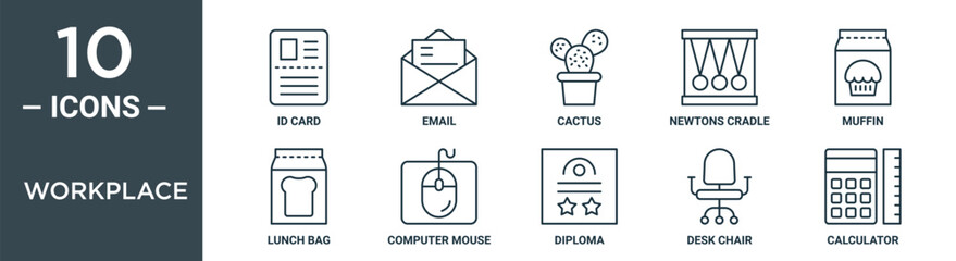 workplace outline icon set includes thin line id card, email, cactus, newtons cradle, muffin, lunch bag, computer mouse icons for report, presentation, diagram, web design