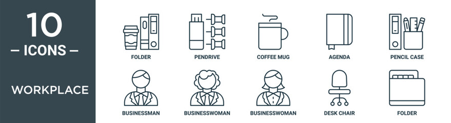 Obraz premium workplace outline icon set includes thin line folder, pendrive, coffee mug, agenda, pencil case, businessman, businesswoman icons for report, presentation, diagram, web design