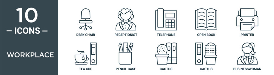 workplace outline icon set includes thin line desk chair, receptionist, telephone, open book, printer, tea cup, pencil case icons for report, presentation, diagram, web design