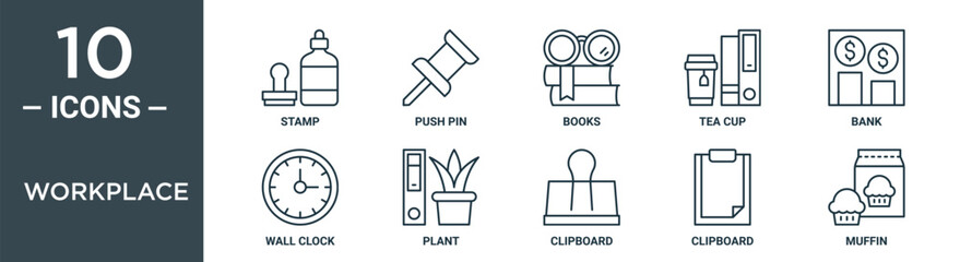 Obraz premium workplace outline icon set includes thin line stamp, push pin, books, tea cup, bank, wall clock, plant icons for report, presentation, diagram, web design