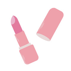 Pink trendy liptick in flat style, barbiecore aesthetic. Vector sketch illustration isolated on white background. Cute design elements.