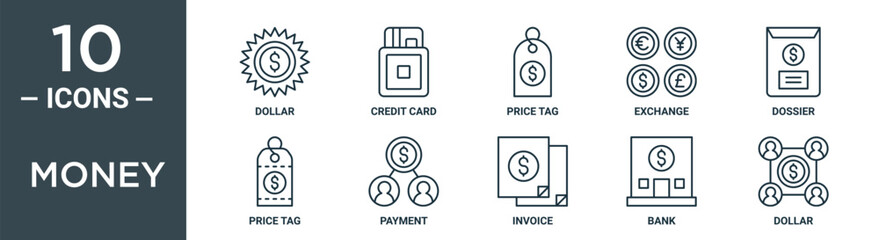 Obraz premium money outline icon set includes thin line dollar, credit card, price tag, exchange, dossier, price tag, payment icons for report, presentation, diagram, web design