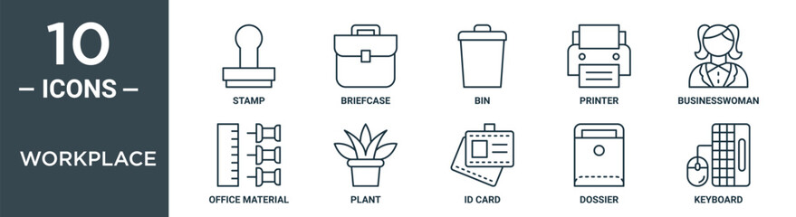 Obraz premium workplace outline icon set includes thin line stamp, briefcase, bin, printer, businesswoman, office material, plant icons for report, presentation, diagram, web design