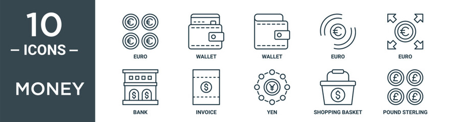 money outline icon set includes thin line euro, wallet, wallet, euro, euro, bank, invoice icons for report, presentation, diagram, web design - obrazy, fototapety, plakaty