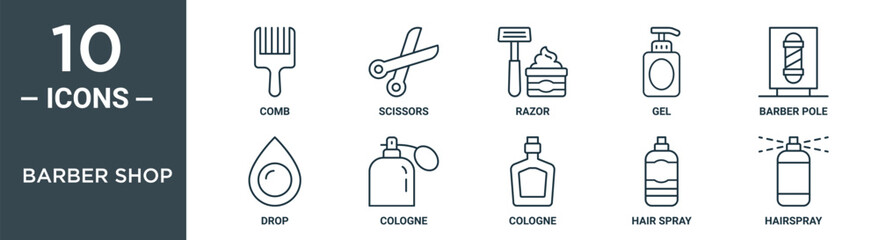 barber shop outline icon set includes thin line comb, scissors, razor, gel, barber pole, drop, cologne icons for report, presentation, diagram, web design