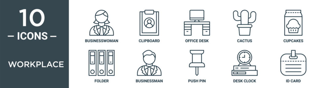 workplace outline icon set includes thin line businesswoman, clipboard, office desk, cactus, cupcakes, folder, businessman icons for report, presentation, diagram, web design